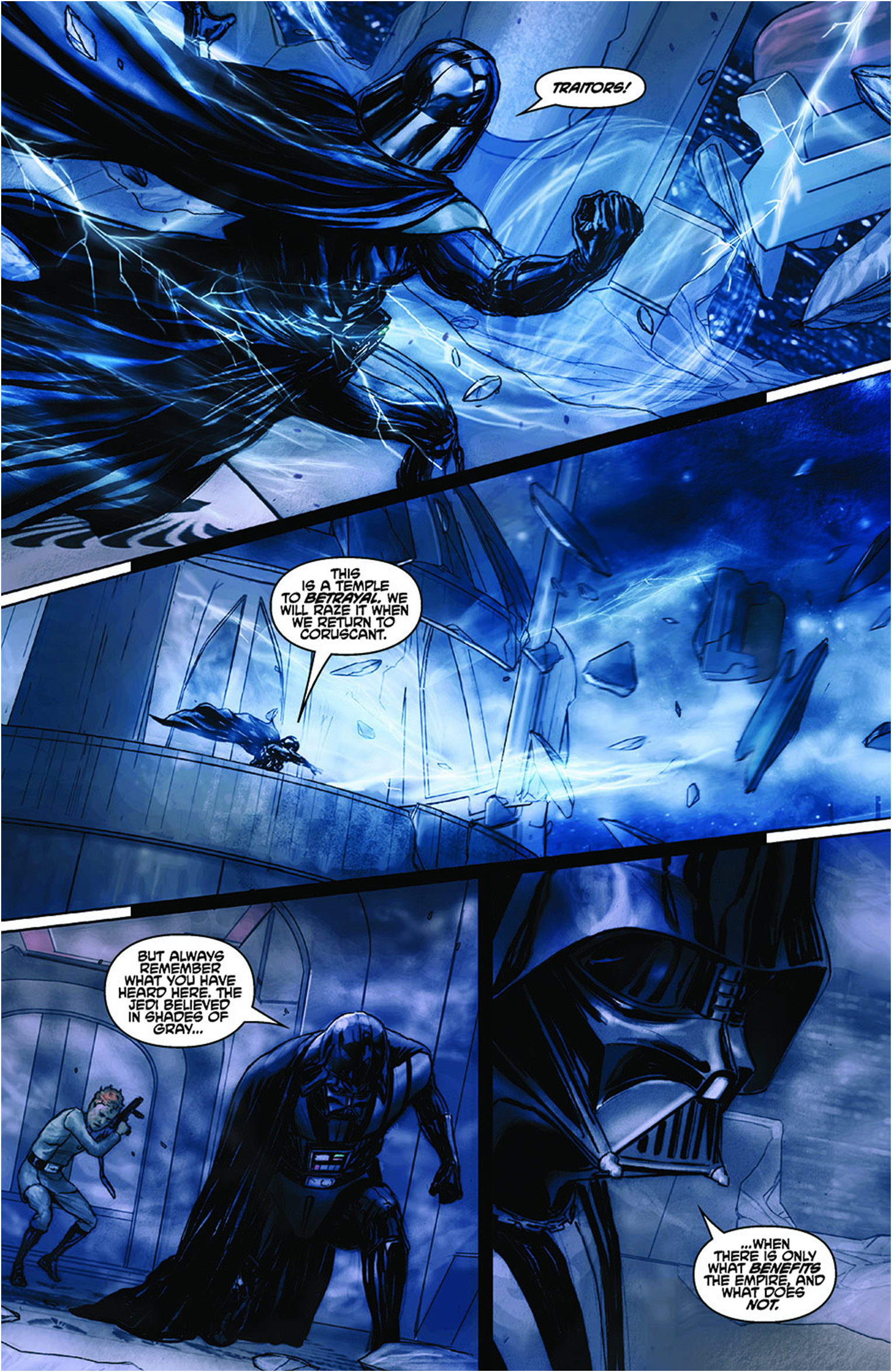 Vader destroys the Jedi Council's meeting room in a fit of rage.