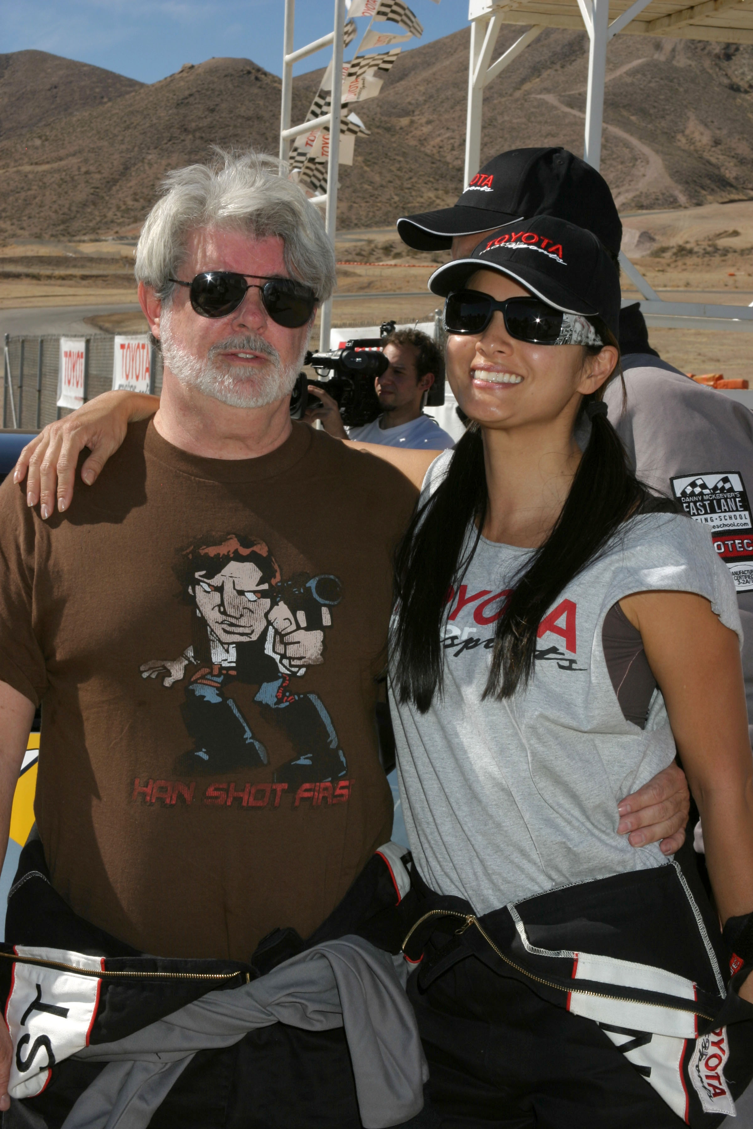 George Lucas sporting a "Han shot first" t-shirt on the set of Indiana Jones and the Kingdom of the Crystal Skull