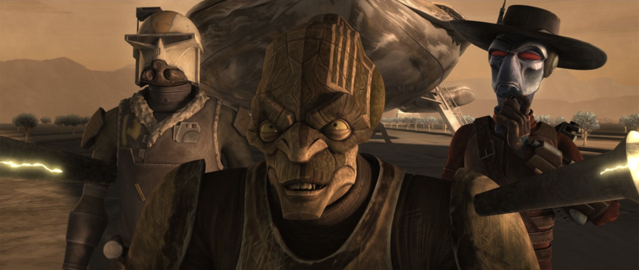 Moralo Eval, Cad Bane, and Rako Hardeen arrive on Serenno.