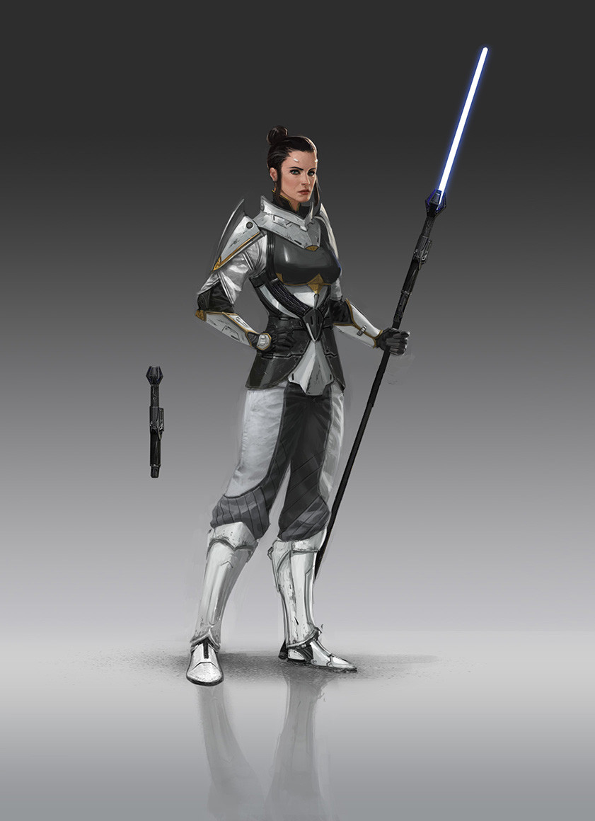 Concept art of Senya Tirall with her lightsaber pike and standard lightsaber