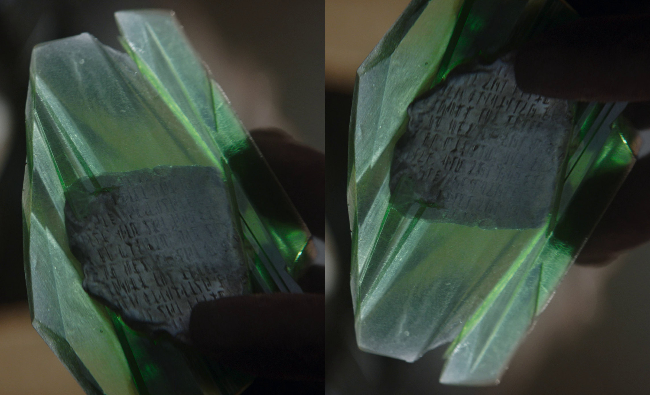 A composite image of the shard from Mandalore in The Mandalorian episode "Chapter 17: The Apostate"; original image on the left, rotated and mirror-inverted image on the right