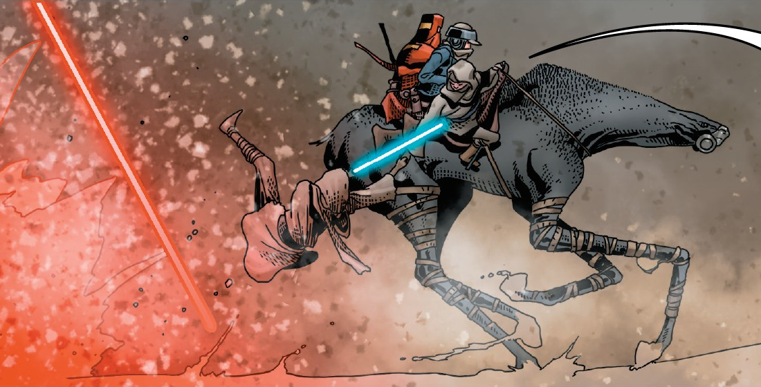 A spamel-riding Leia Organa saves Skywalker from an Imperial gunship's fire.