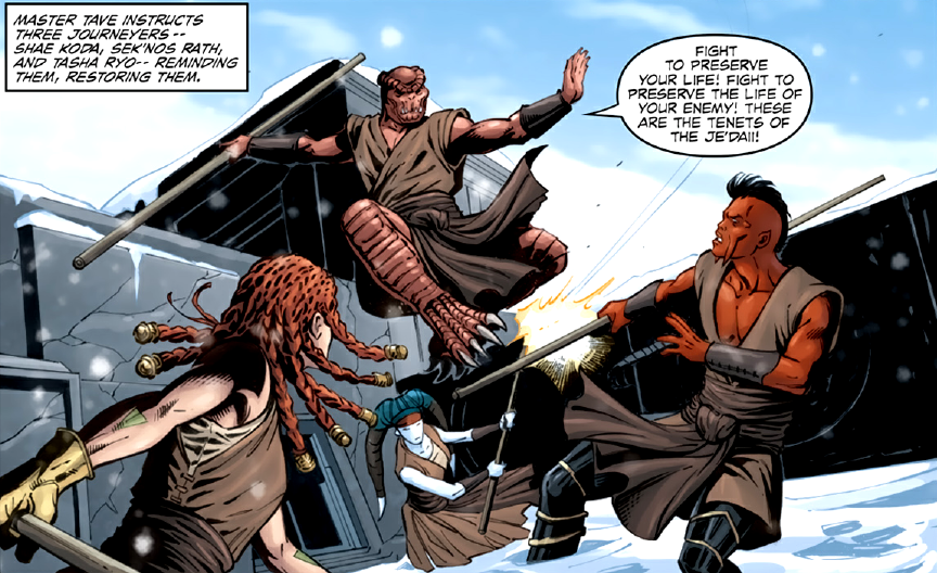 Master Tave fighting Sek'nos Rath, Shae Koda, and Tasha Ryo.