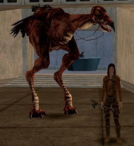 A giant carrion spat standing beside its handler in Coronet.