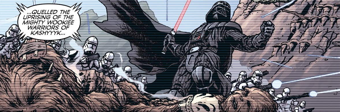 Darth Vader and clone troopers fighting Wookiees.