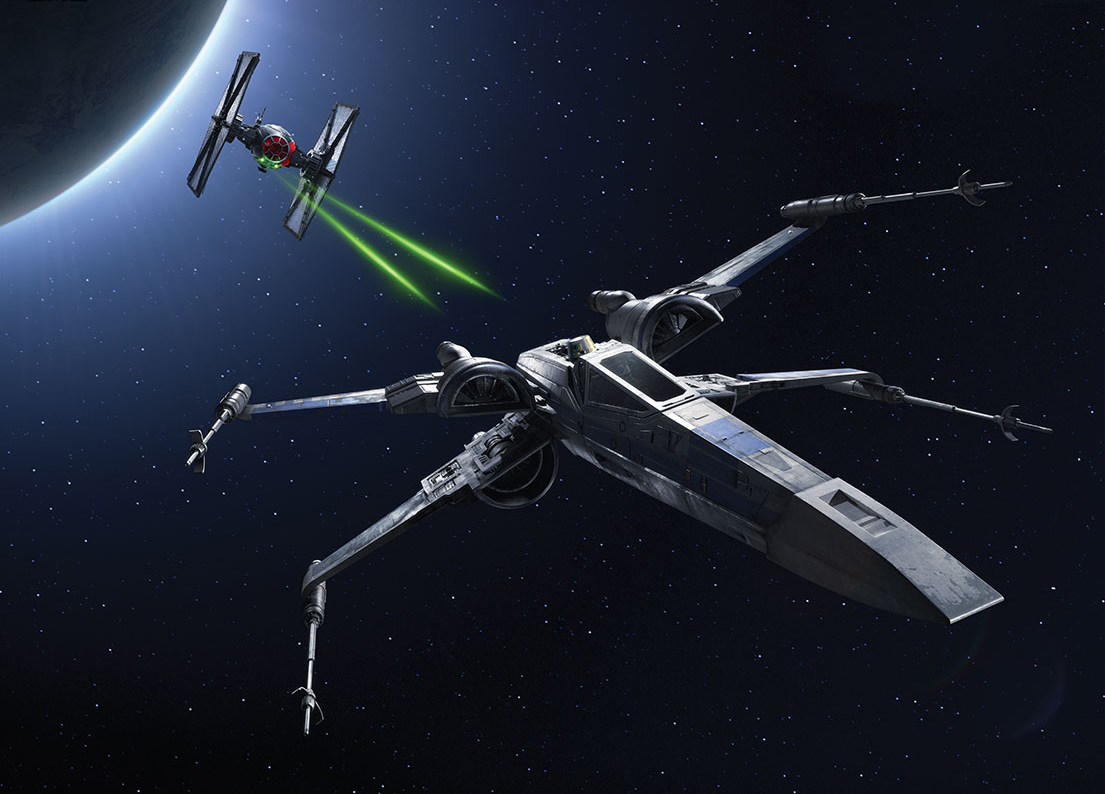 A Resistance X-wing pursued by a First Order Special Forces TIE fighter