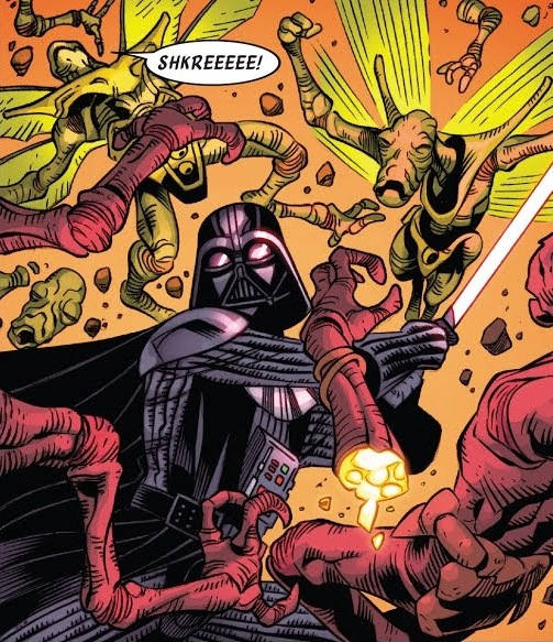 Darth Vader cuts down Geonosian rebels.