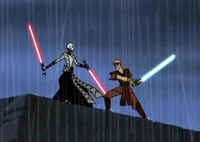 Anakin Skywalker battering away Asajj Ventress' defense with a series of power strokes, demonstrating one of the primary weaknesses of Jar'Kai.