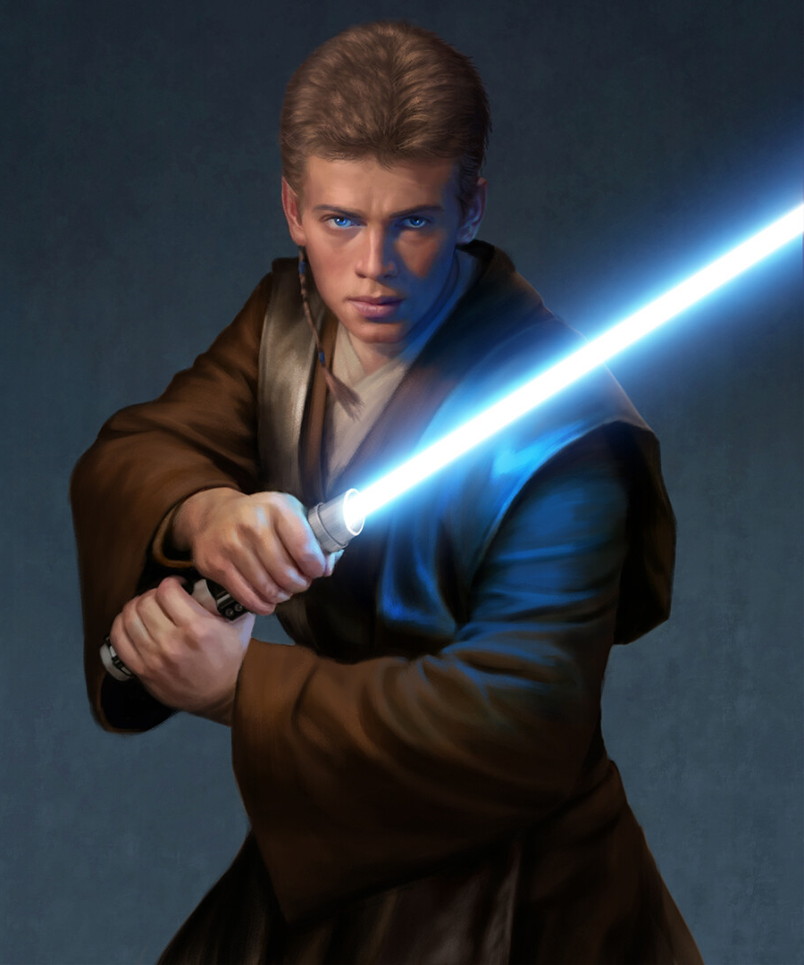 Anakin with his lightsaber ignited.