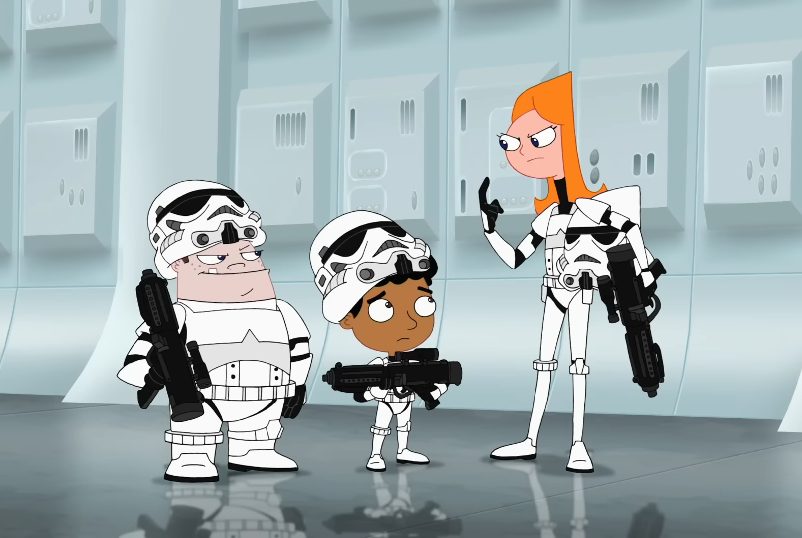 Candace, Baljeet, and Buford on Tantive IV.