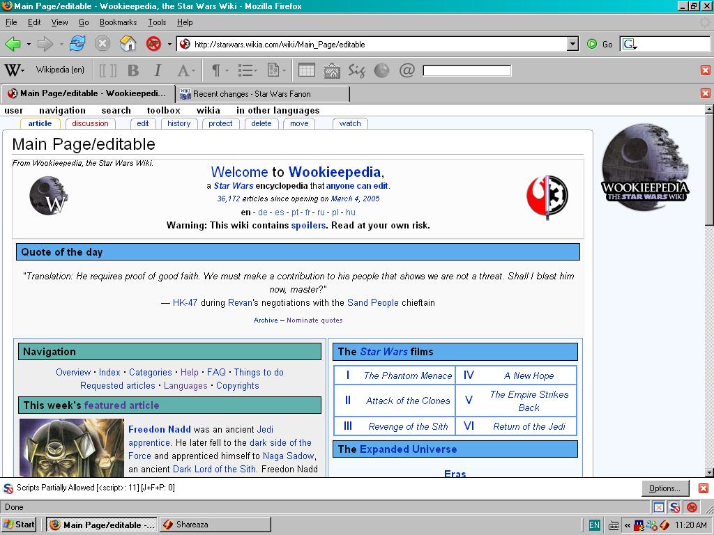 Wookieepedia's Main Page in Monobook Lite skin, August 2006