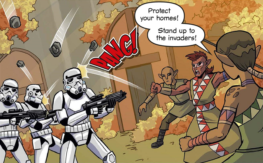 The Vyndal natives standing up against the stormtroopers.