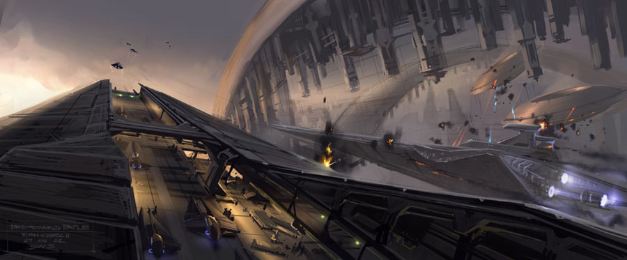 Episode III concept art by Church depicting a Venator-class Star Destroyer disgorging fighters over Cato Neimoidia.