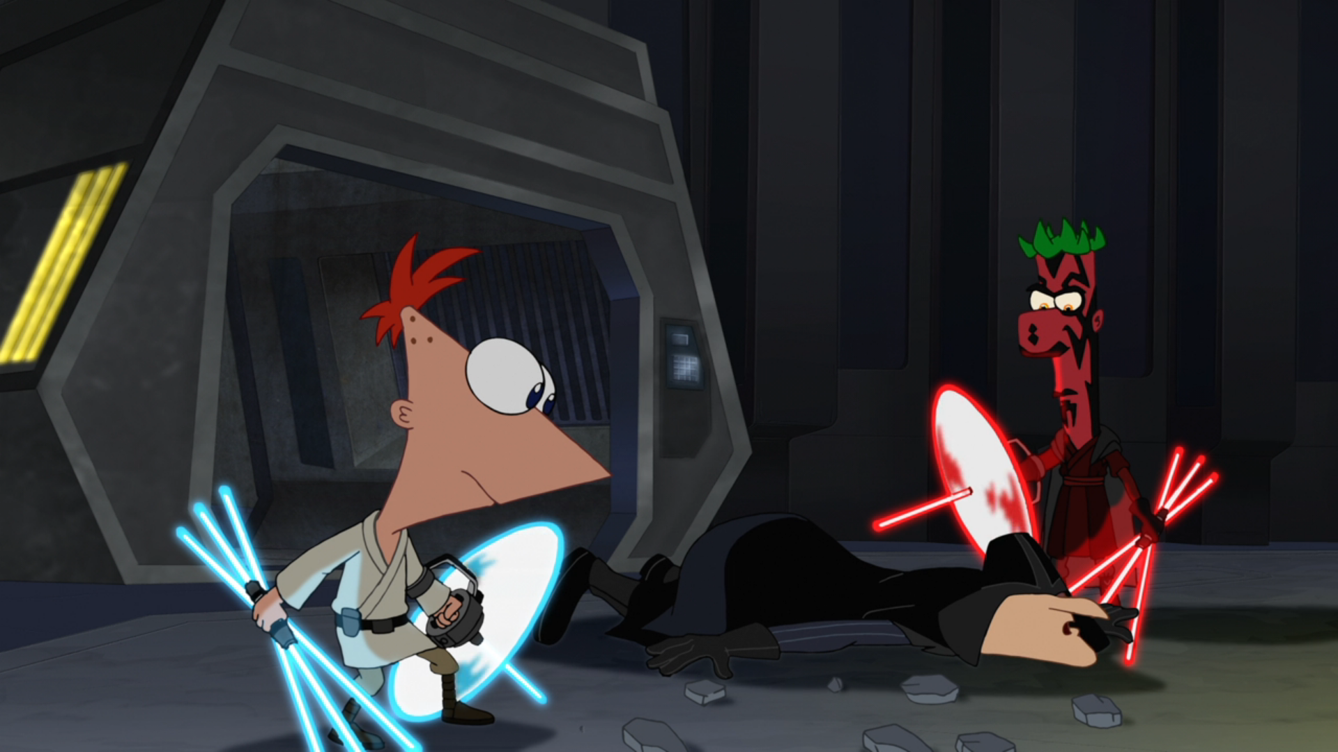 Darthenshmirtz falls into the lair during Phineas and Darth Ferb's fight.