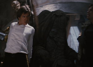 Ephant Mon was present when Jabba sentenced Han Solo, Chewbacca, and Luke Skywalker to death.