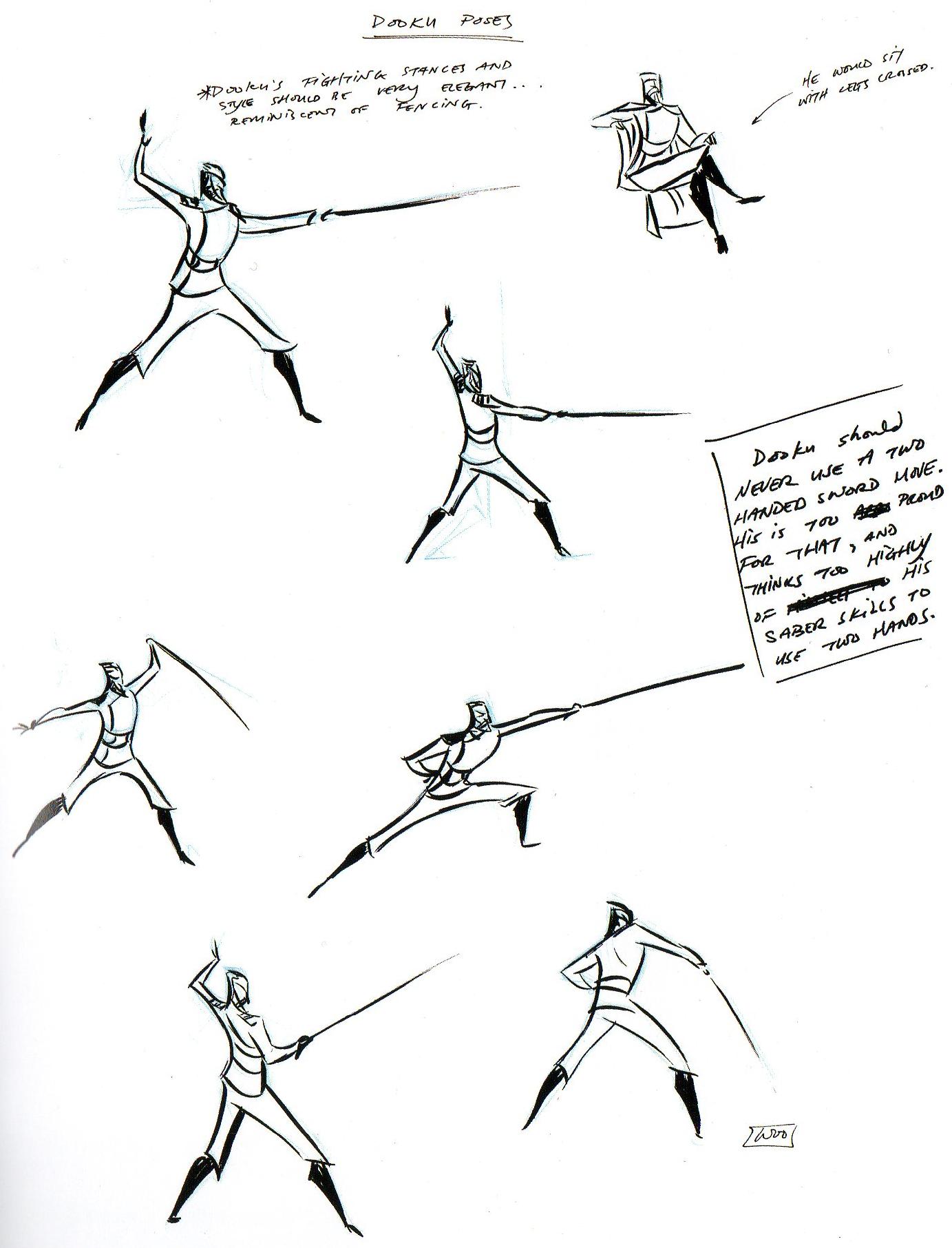 Concept art of Dooku's lightsaber poses from The Art of Star Wars: The Clone Wars