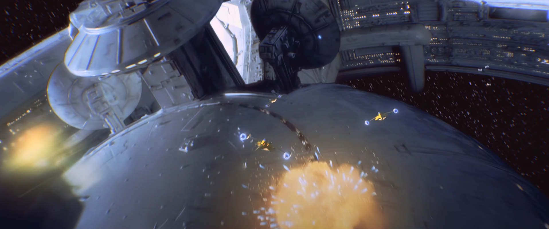 The Naboo Royal Space Fighter Corps attacking the Vuutun Palaa during the Battle of Naboo.