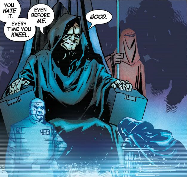 The Emperor watches as Vader kneels before him.