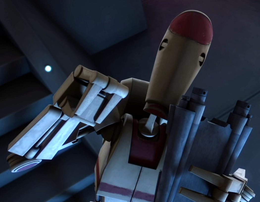 A security battle droid at the Citadel on Lola Sayu