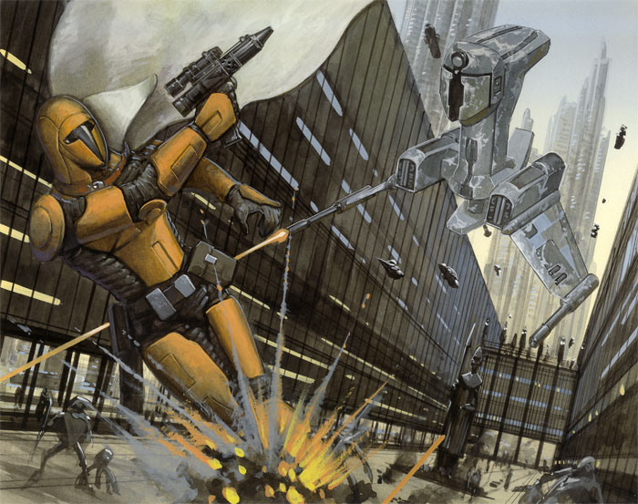 Cassus Fett in combat with a Municipal patrol droid Mark I.