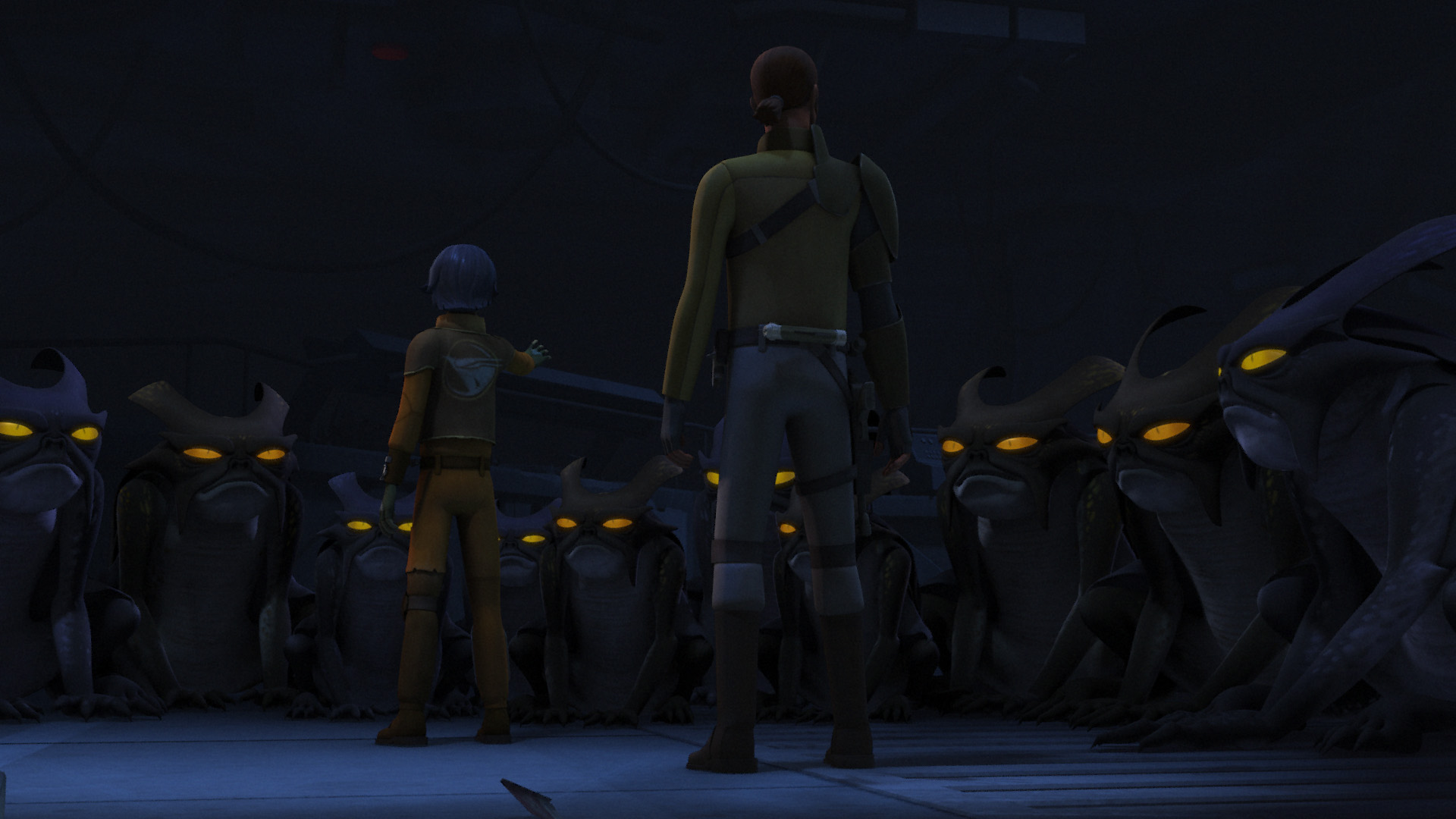 A large group of fyrnocks being tamed by Ezra Bridger