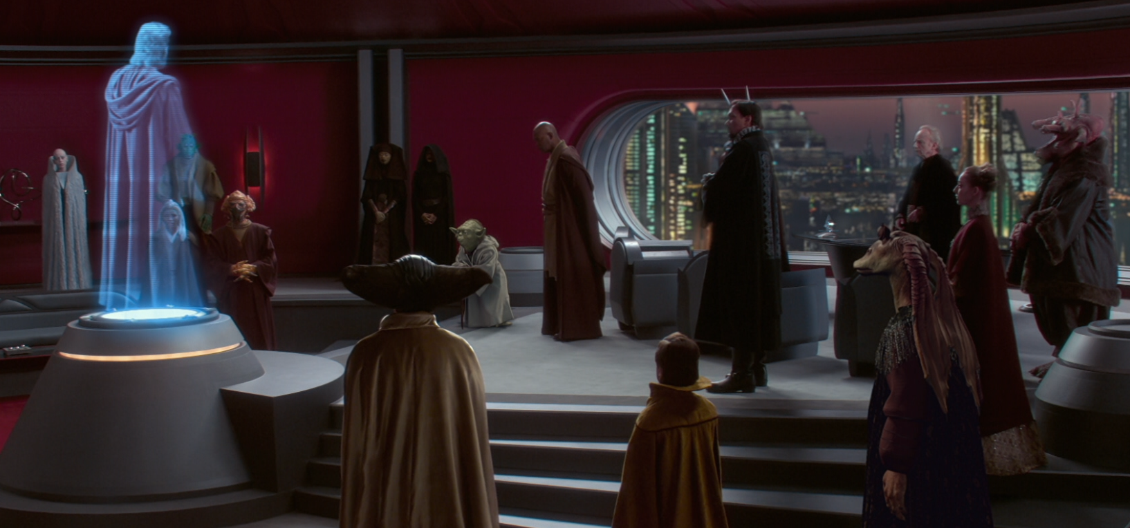 Lexi Dio and other Loyalist Committee members watched Obi-Wan Kenobi give a report from Geonosis while in Sheev Palpatine's office.