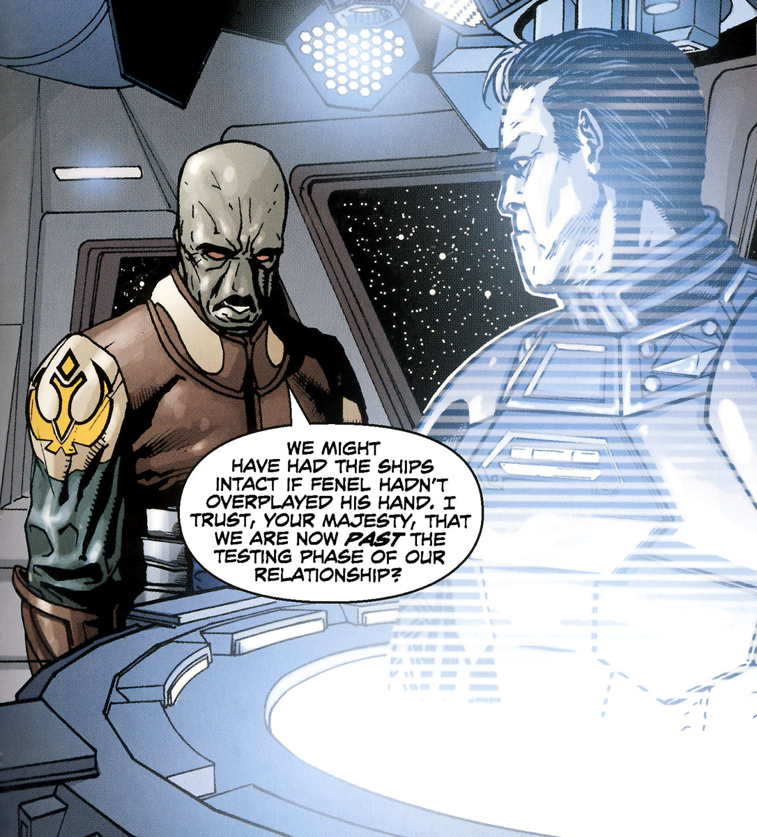 Admiral Stazi holds a holographic meeting with his former enemy, Emperor Roan Fel.