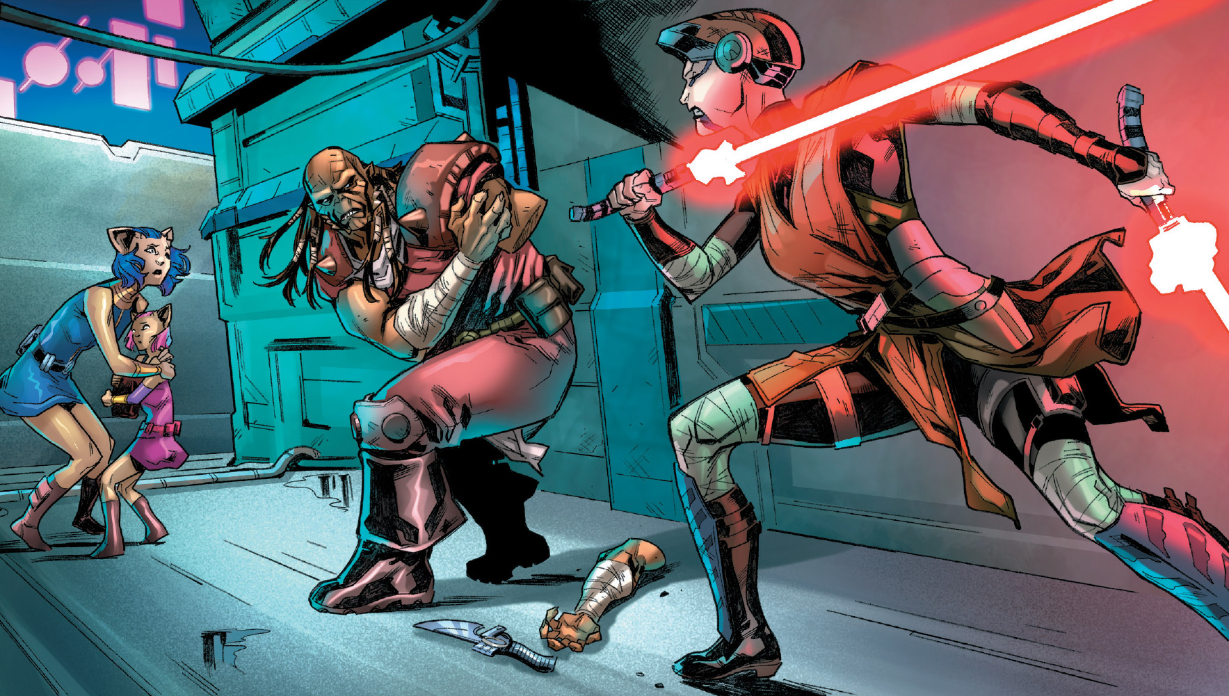 Ventress disarms a thug harassing Zygerrian sisters.