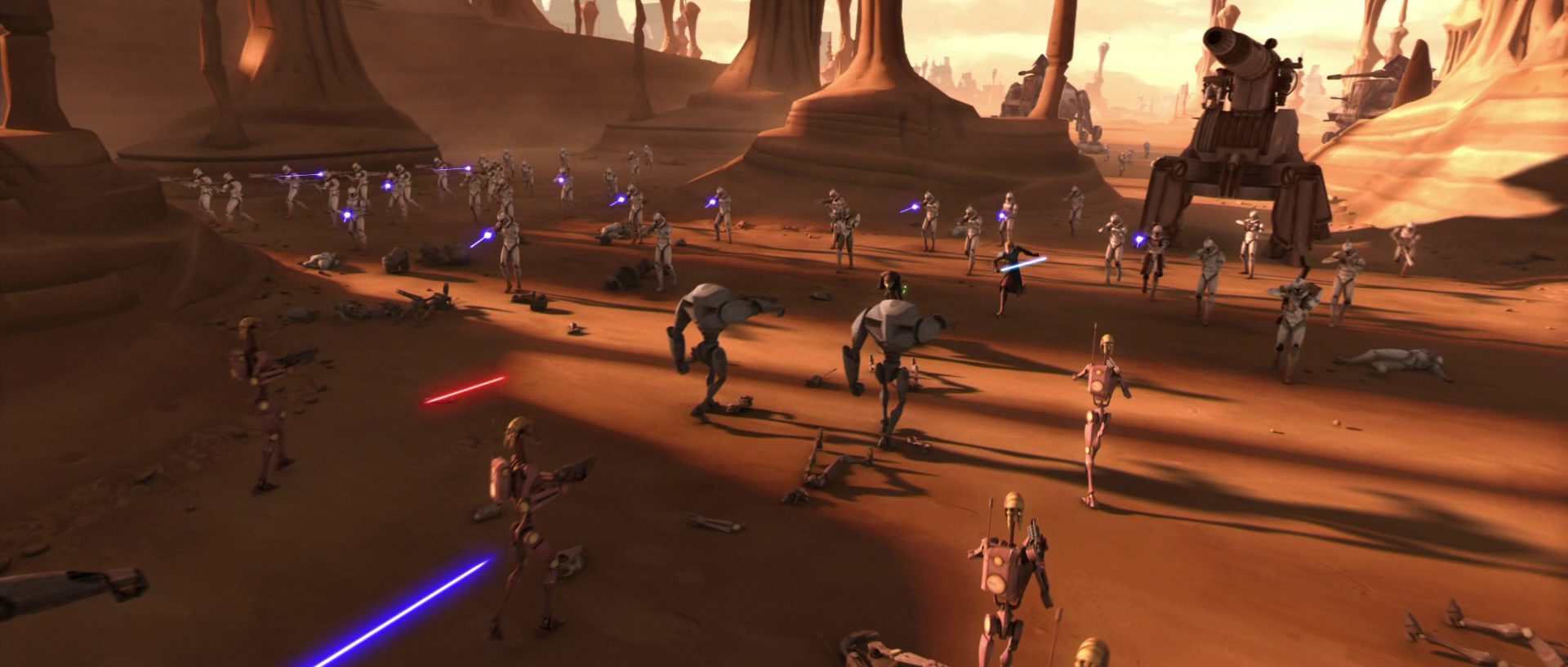 Battle droids combat Republic forces at the Second Battle of Geonosis.