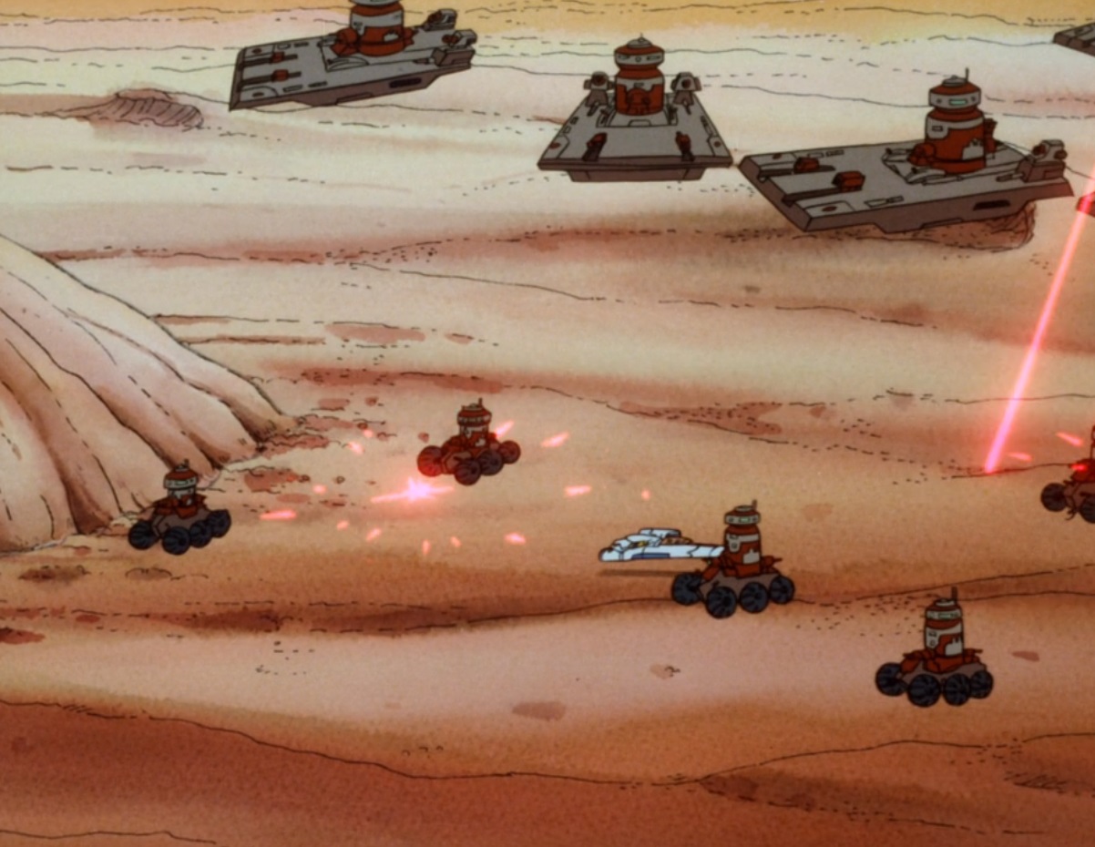 Tower Droids battle droid cruisers outside Tig Fromm's base.