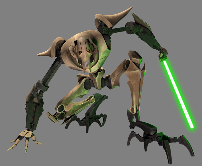 Grievous crouching with a lightsaber.