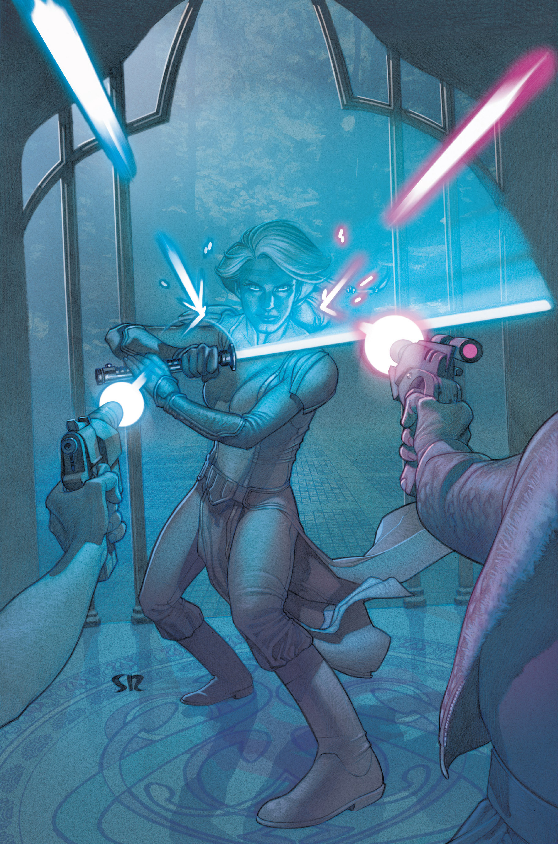 Tahl using her blue lightsaber to fend off her attackers on Telos IV.