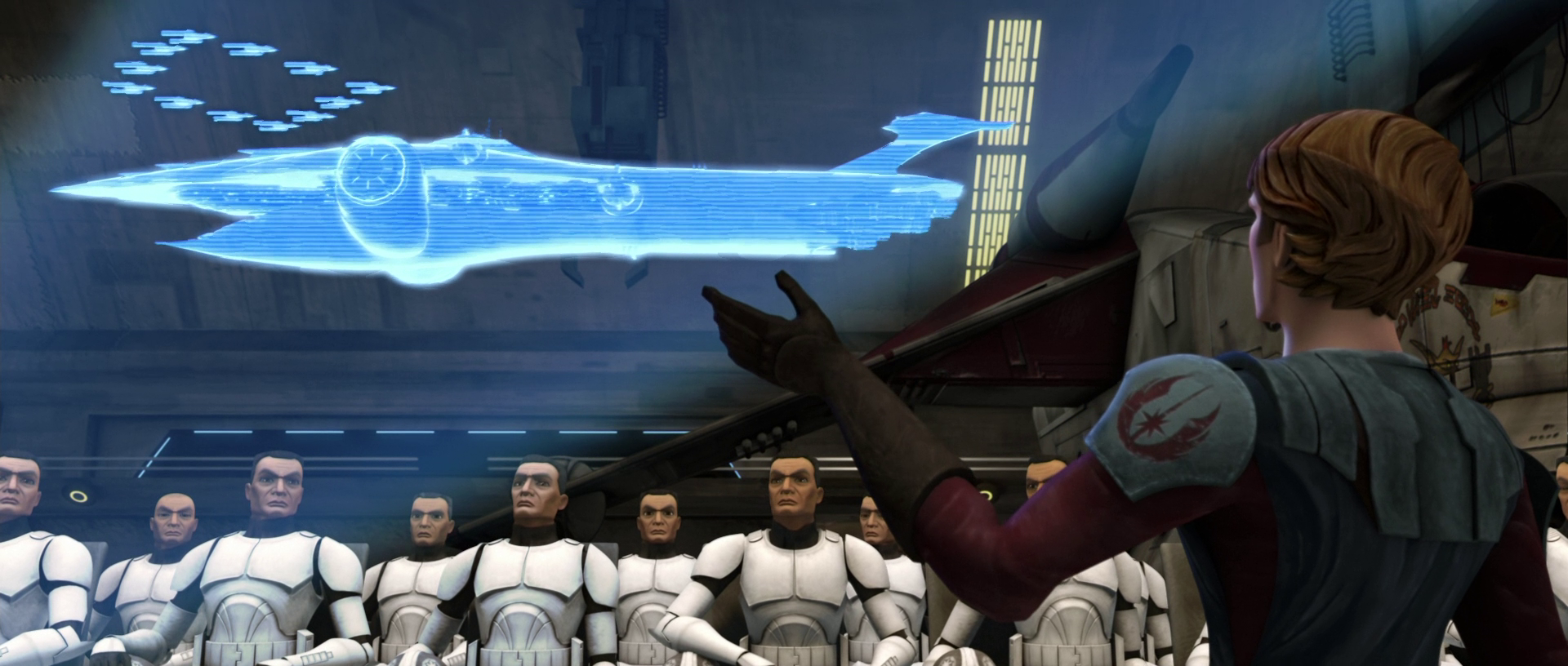 Anakin Skywalker briefing Shadow Squadron on their attack against the Malevolence.