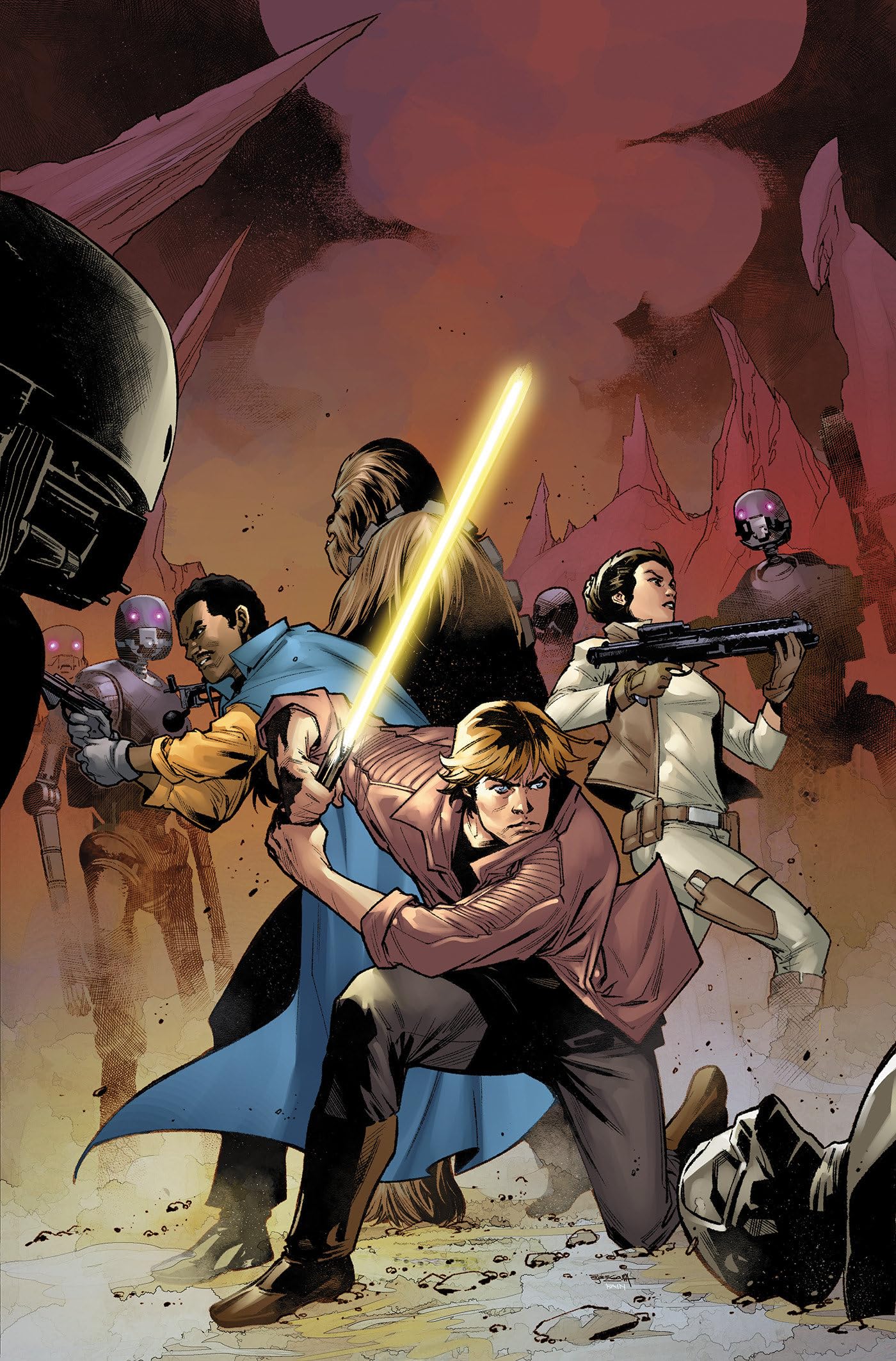 Skywalker, Organa, Calrissian, and Chewbacca fight the Scourge on Epikonia.