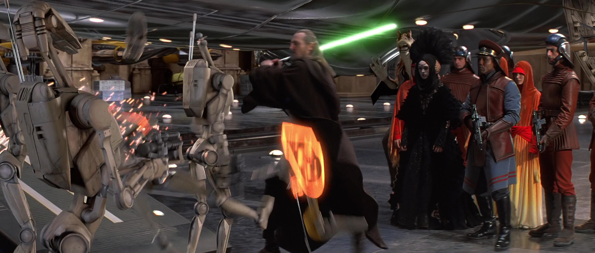 Qui-Gon Jinn cuts down battle droids in Theed Hangar.