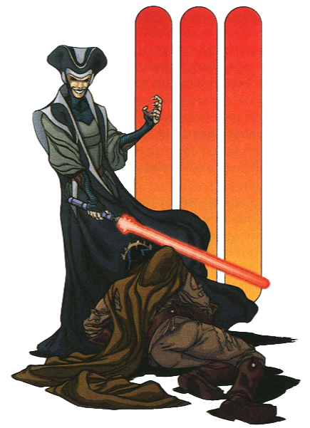 An Imperial Inquisitor, one of the many malign Force-wielders that superseded the Dark Acolytes, standing over a fallen Jedi.