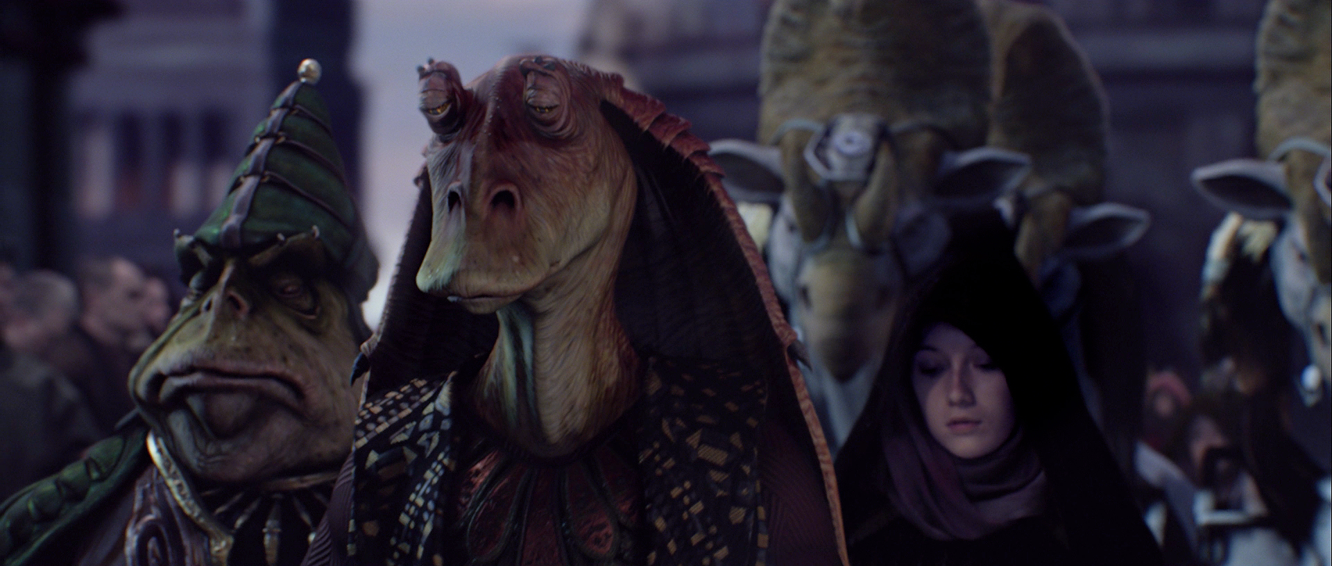 Binks attended the funeral of Padmé Amidala, who died following the Clone Wars and the rise of the Galactic Empire.