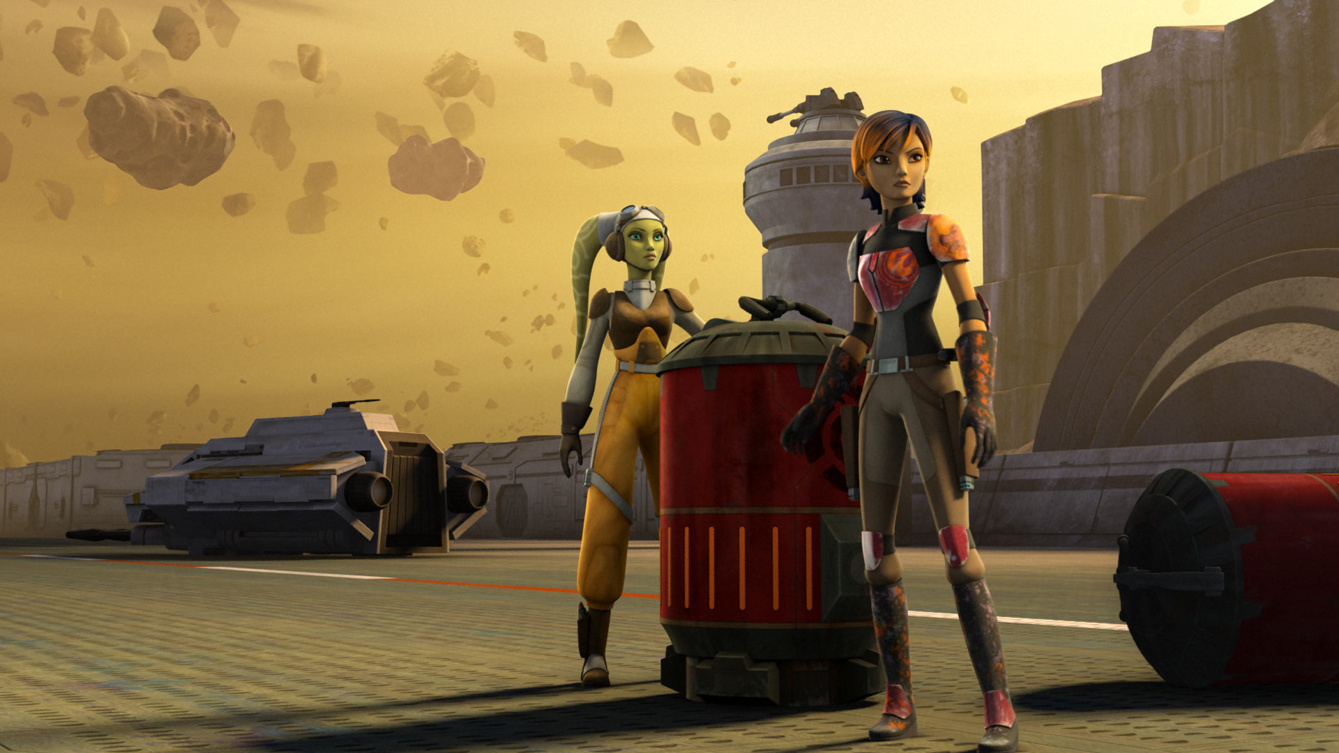 Hera and Sabine loading rhydonium canisters onto the Phantom