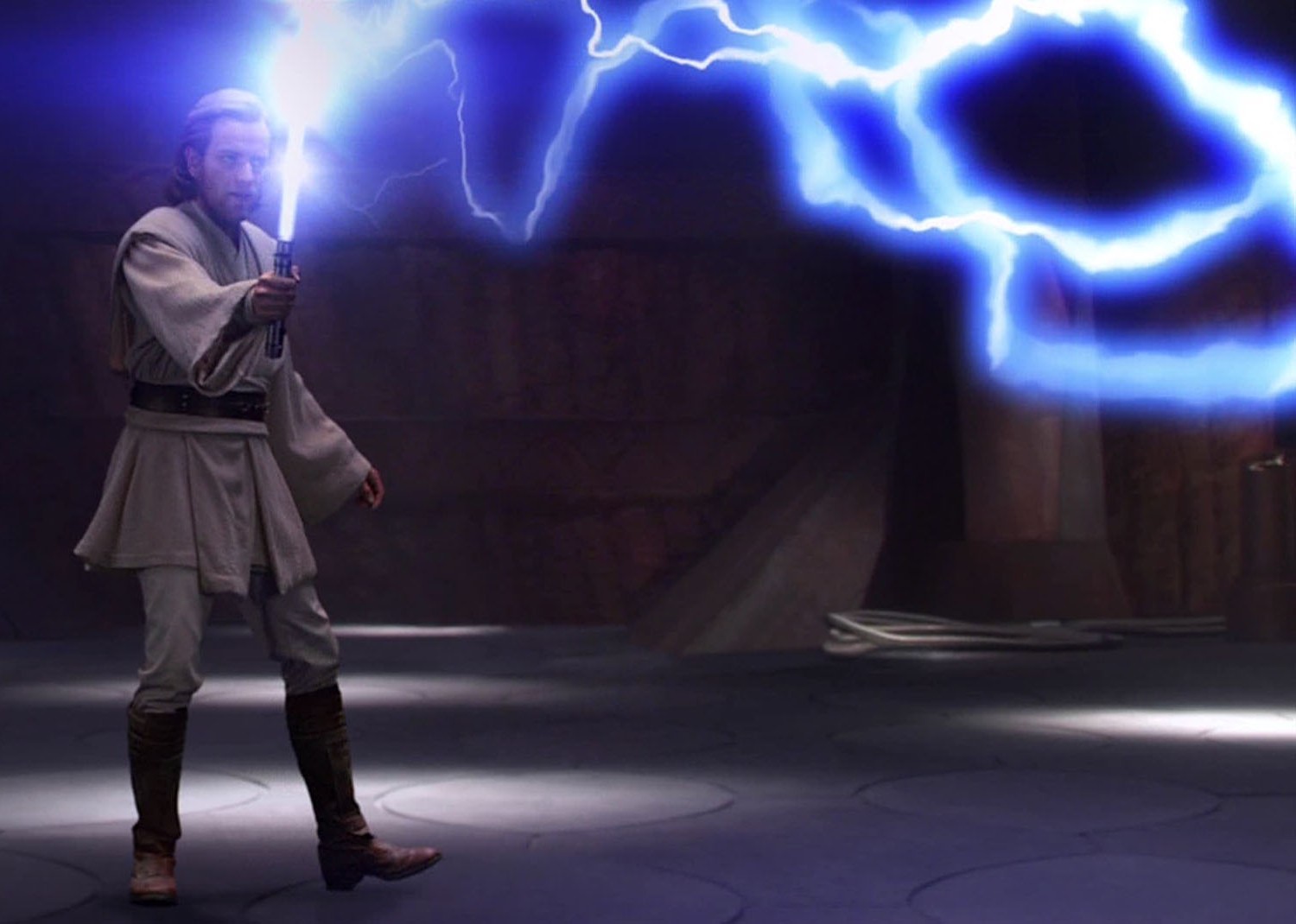 Kenobi blocks Count Dooku's Force lightning.