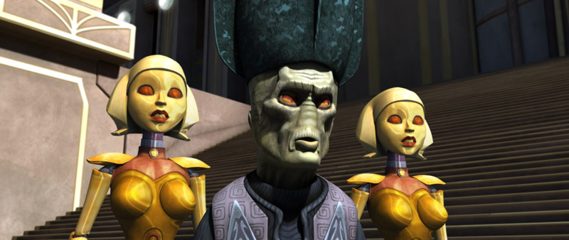 Senator Dod welcomes Rush Clovis and Padmé Amidala to his palace on Cato Neimoidia.