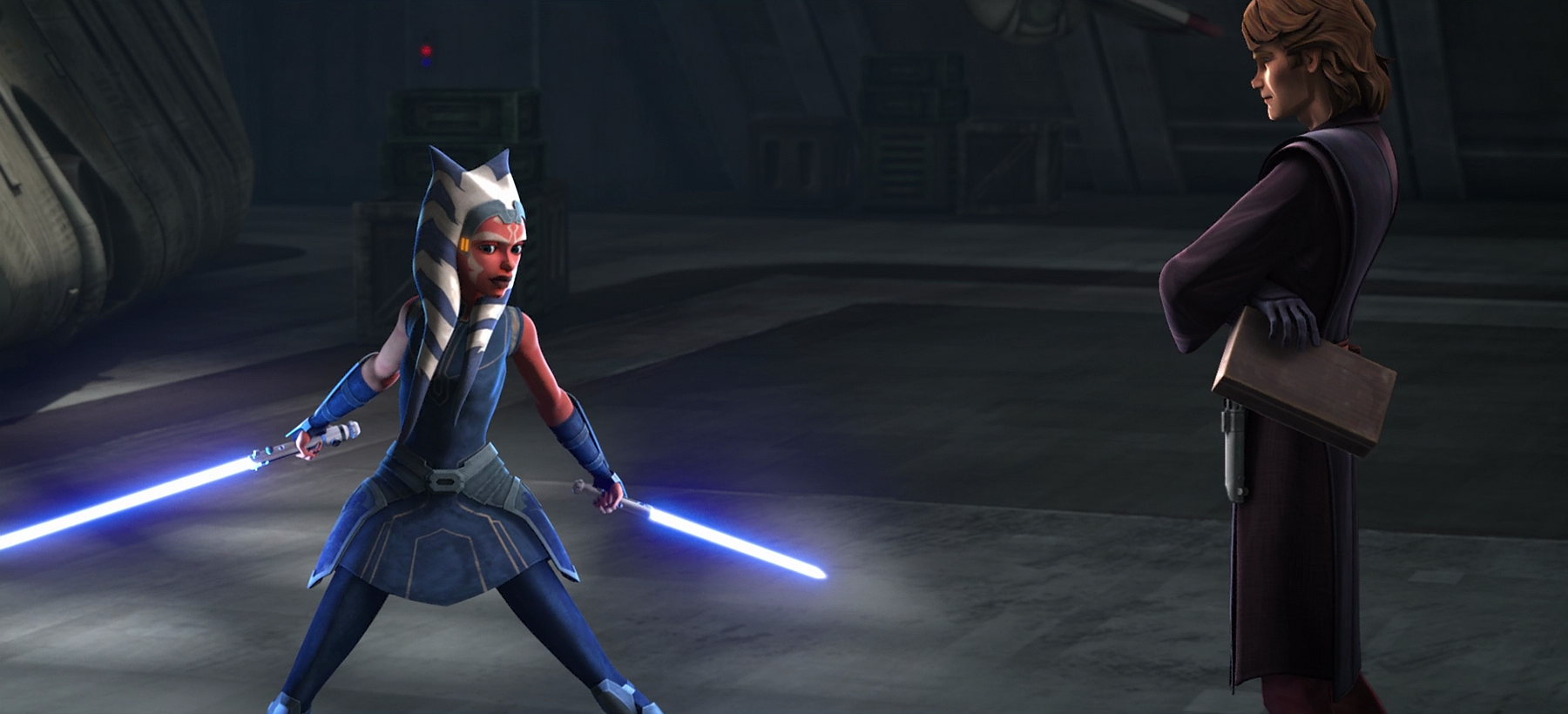 Anakin gives Ahsoka's old lightsabers back.