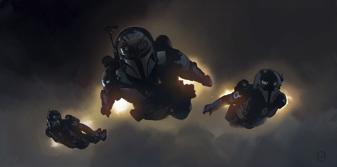 Concept art of Koska Reeves, Bo-Katan Kryze, and Axe Woves by Brian Matyas