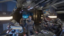 Cal, Cere, Greez, and BD-1 on the bridge of the Mantis