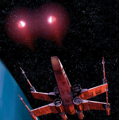 A pair of proton torpedoes fired by an X-wing fighter