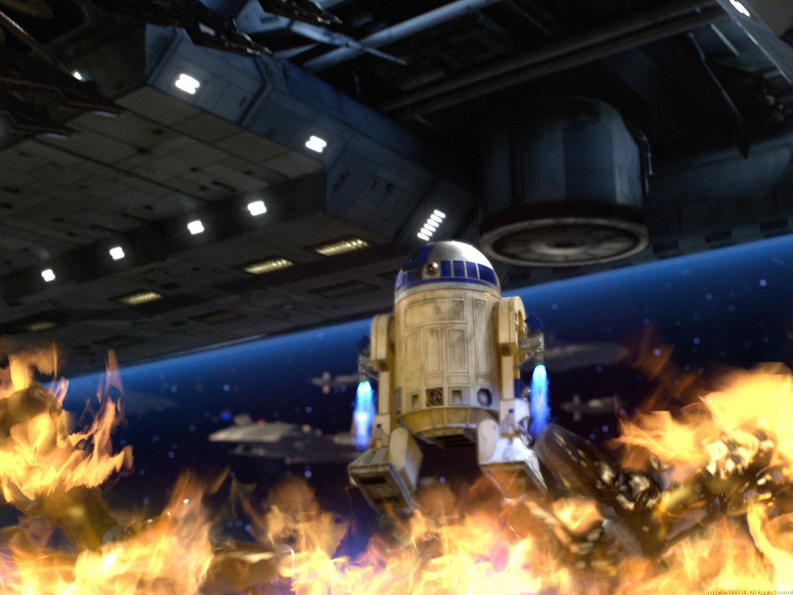 R2-D2 destroys two super battle droids by setting them on fire.