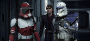 Rex disagrees with Commander Fox about Ahsoka Tano during the hunt for her at the military base.