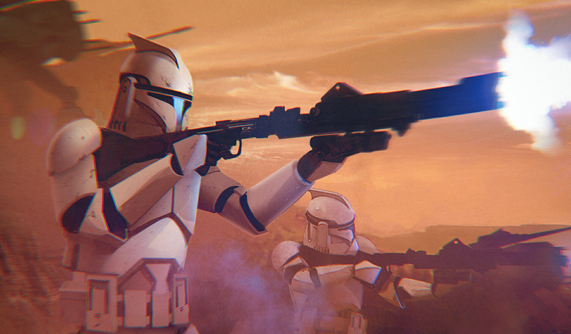 Two clone troopers fire the DC-15A blaster rifle