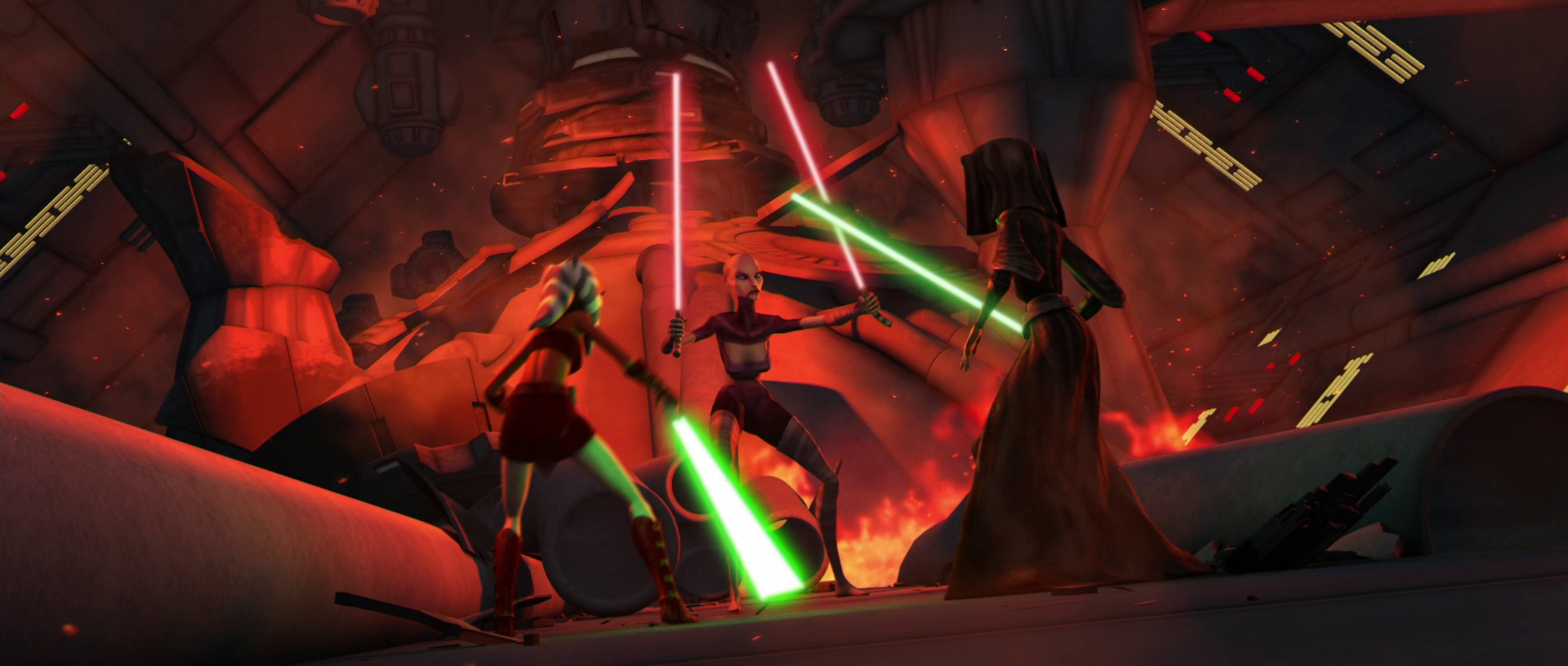 Ventress engages Ahsoka Tano and Luminara Unduli aboard the Tranquility.