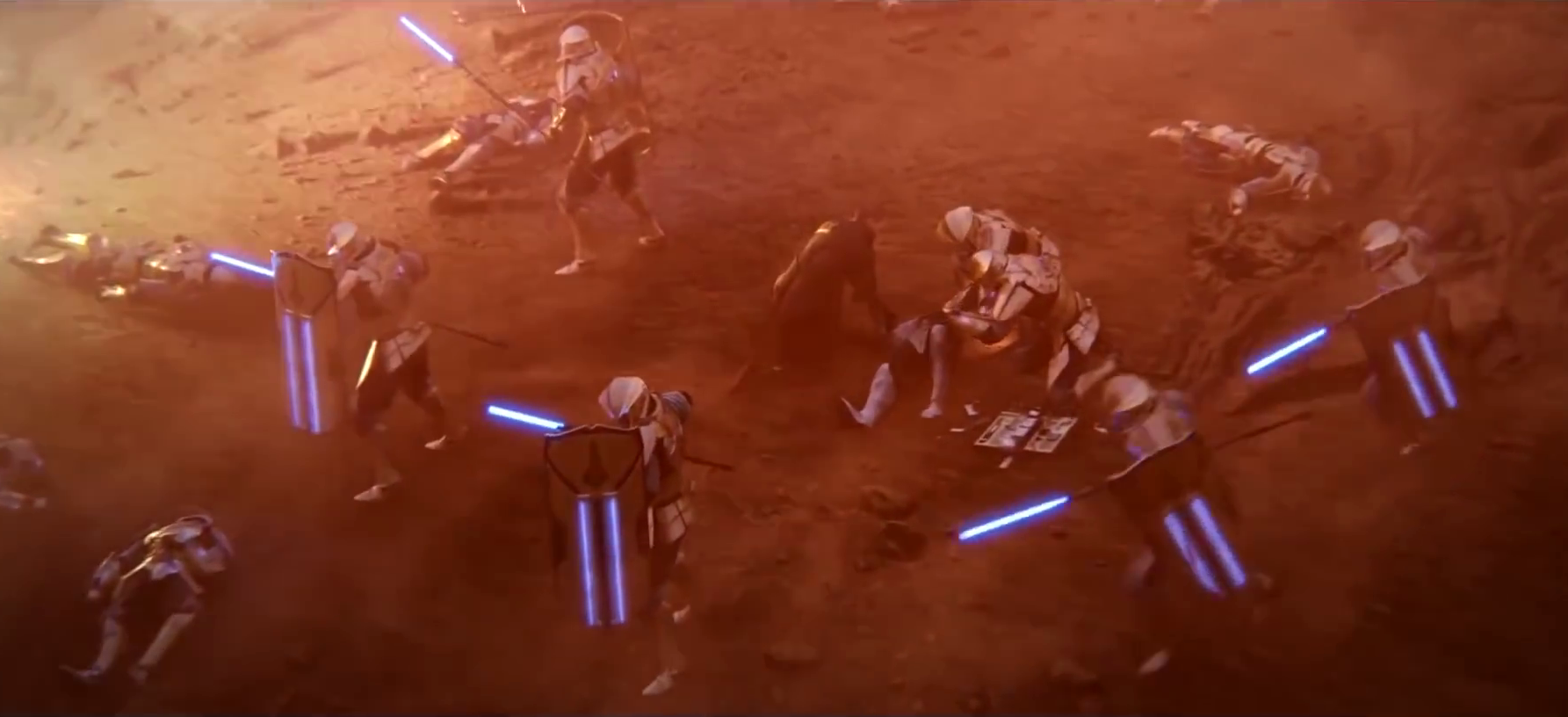 A handful of Knights defend Arcann while he is tended to.