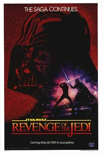 Elokuvan teaser -juliste, joka julkaistiin ennen ensi-iltaa. Julisteessa esiintyy elokuvan suunniteltu nimi Revenge of the Jedi, joka vaihdettiin muotoon Return of the Jedi vain kaksi viikkoa ennen ensi-iltaa.